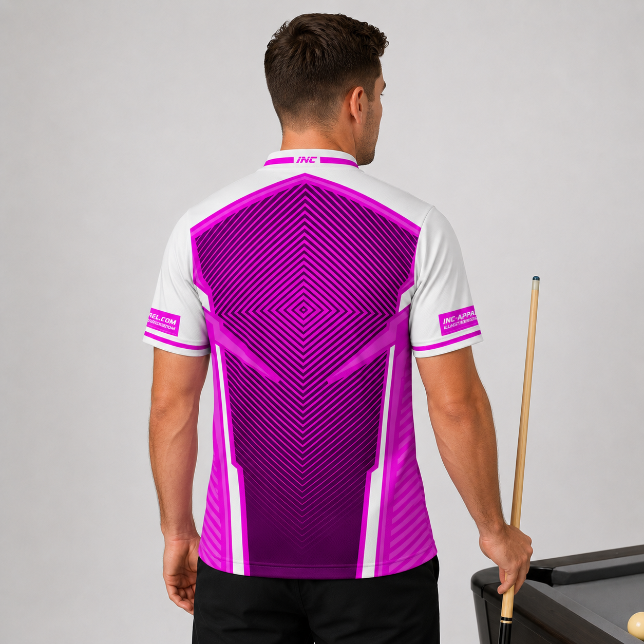 Back view of the Men and Youth Terminare pink and white darts and pool shirt, showing the clean continuation of the athletic graphic pattern across the back.