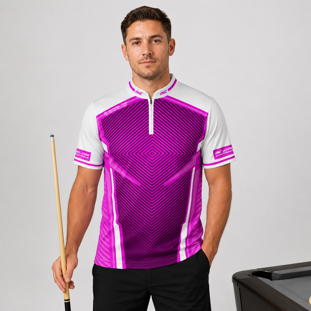 Front view of the Men and Youth Terminare pink and white darts and pool shirt, featuring a dynamic athletic jersey design with an elegant geometric pattern.
