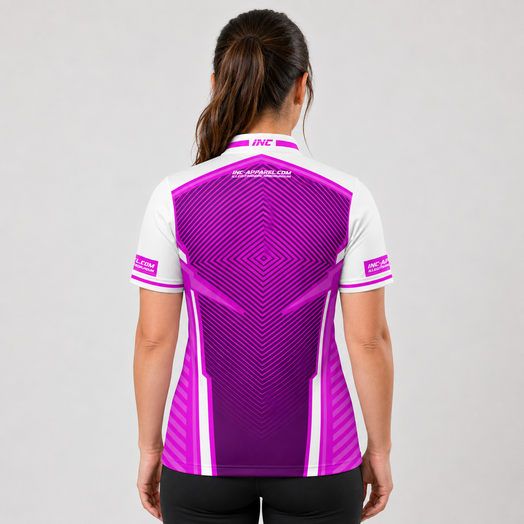 Back view of the Womens Terminare pink and white darts and pool shirt, showing the clean continuation of the athletic graphic pattern across the back.