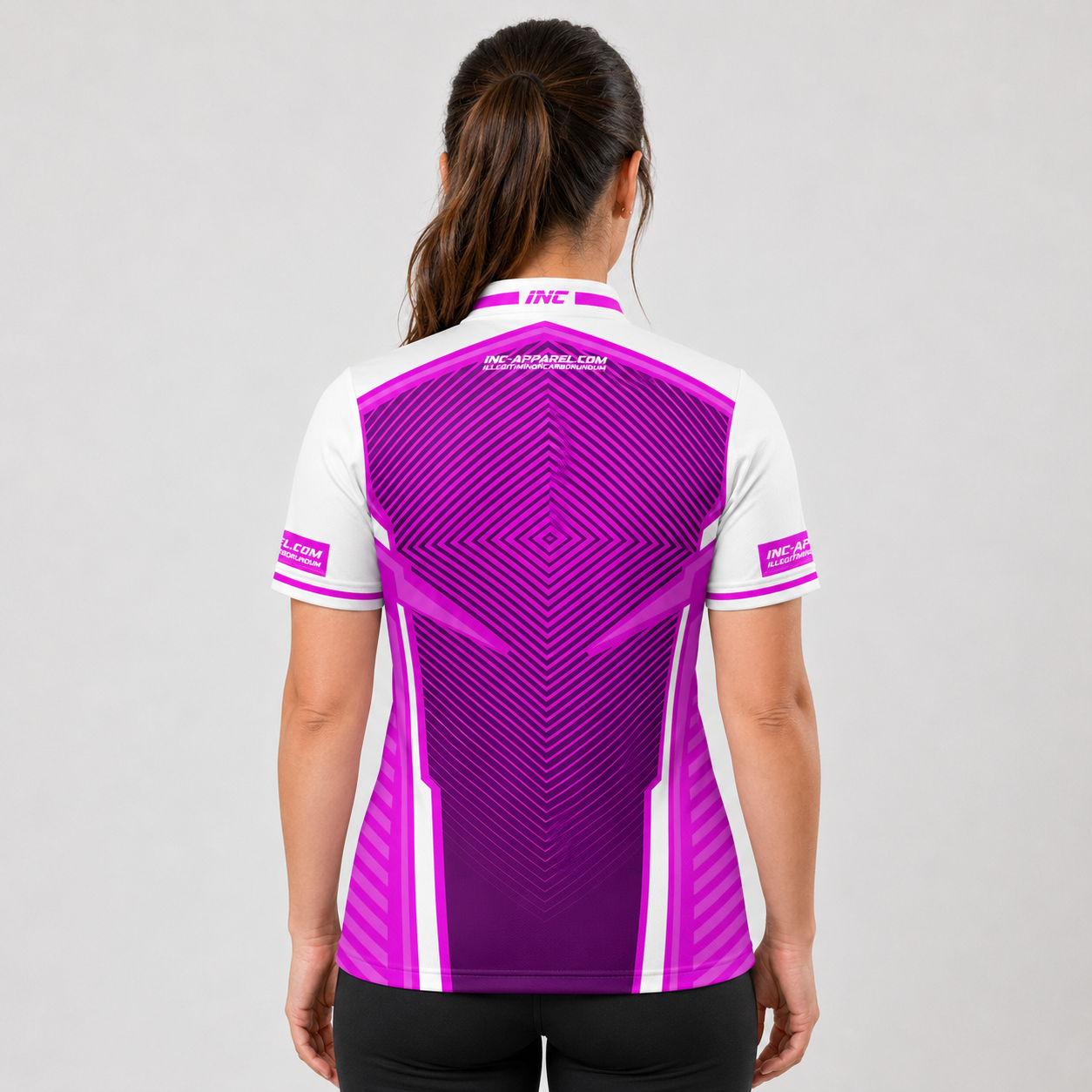 Back view of the Womens Terminare pink and white darts and pool shirt, showing the clean continuation of the athletic graphic pattern across the back.