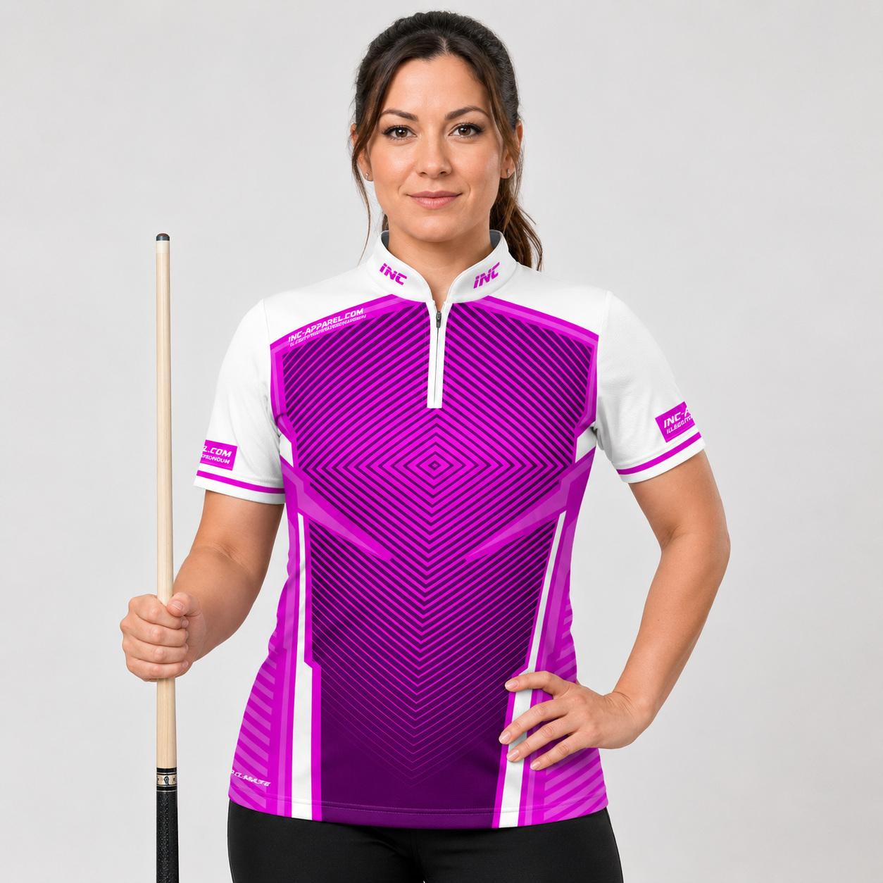 Front view of the Womens Terminare pink and white darts and pool shirt, featuring a custom tailored athletic jersey design with an elegant geometric pattern.