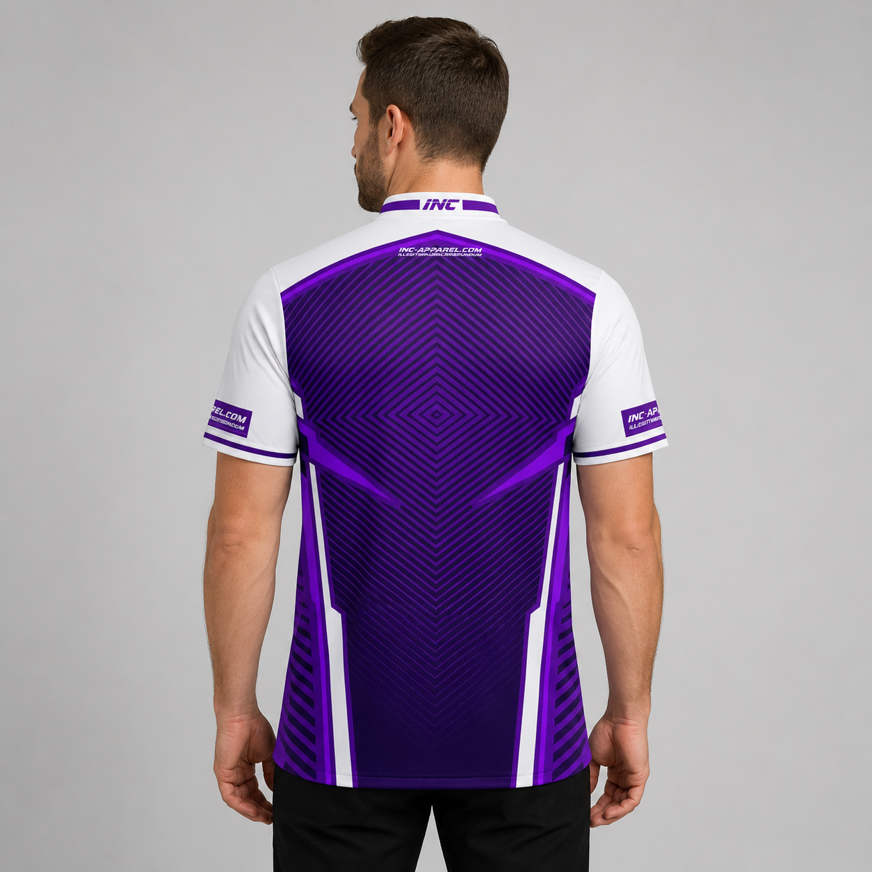 Back view of the Men and Youth Terminare purple and white darts and pool shirt, showing the clean continuation of the athletic graphic pattern across the back.