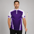 Front view of the Men and Youth Terminare purple and white darts and pool shirt, featuring a dynamic athletic jersey design with an elegant geometric pattern.