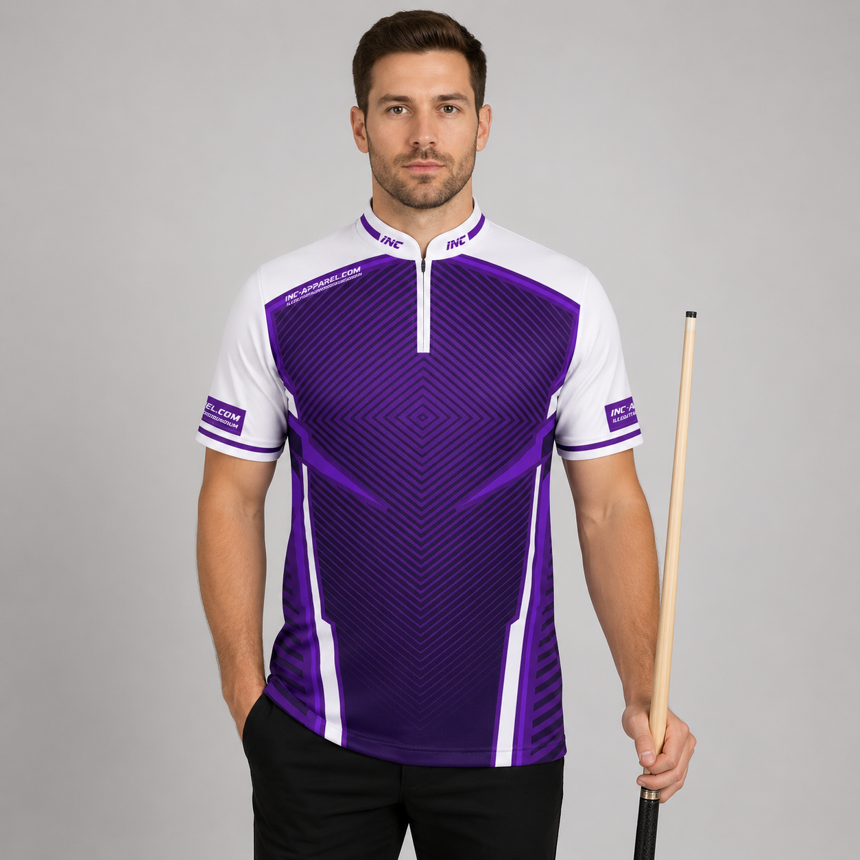 Front view of the Men and Youth Terminare purple and white darts and pool shirt, featuring a dynamic athletic jersey design with an elegant geometric pattern.