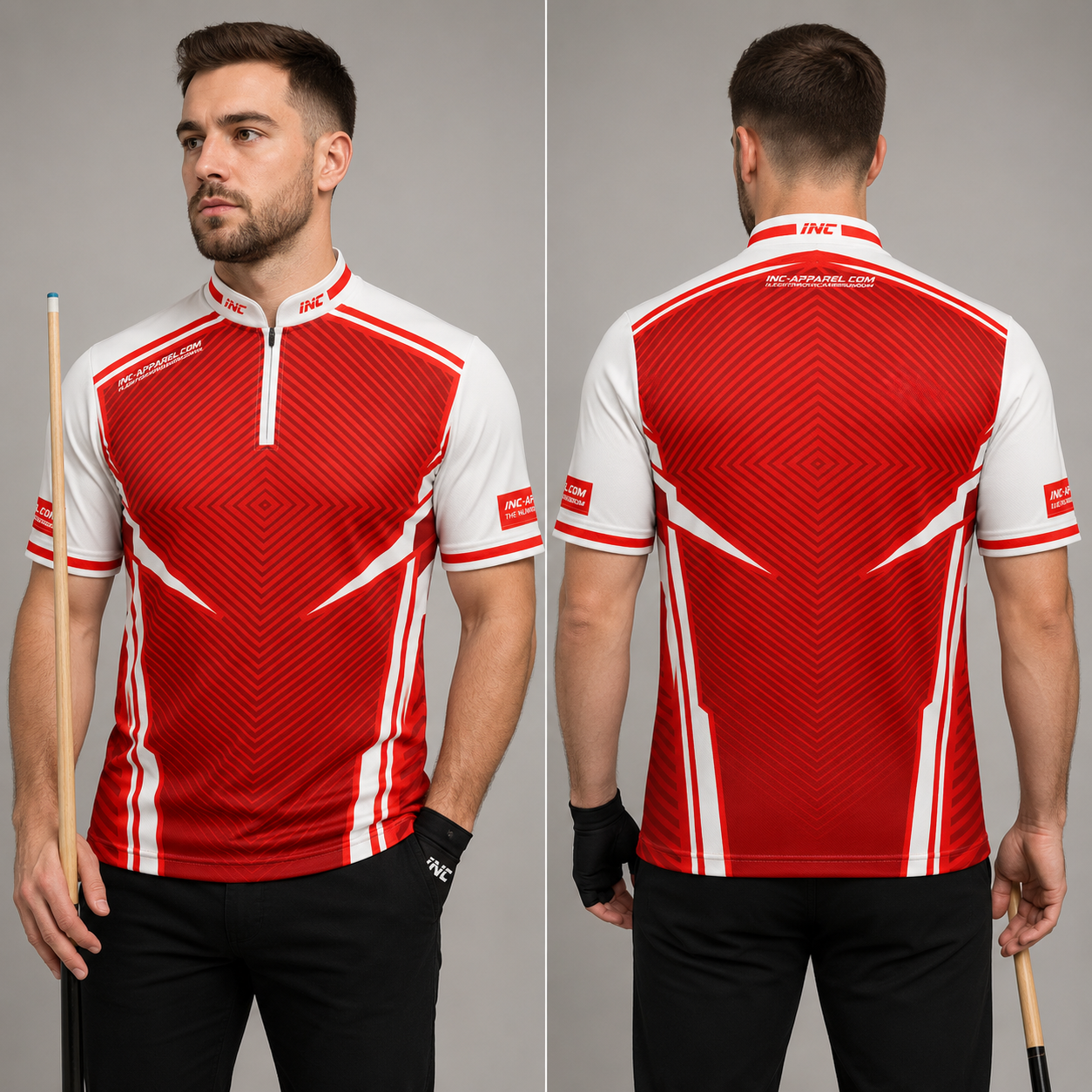 Front view of the Men and Youth Terminare red and white darts and pool shirt, featuring a dynamic athletic jersey design with an elegant geometric pattern.