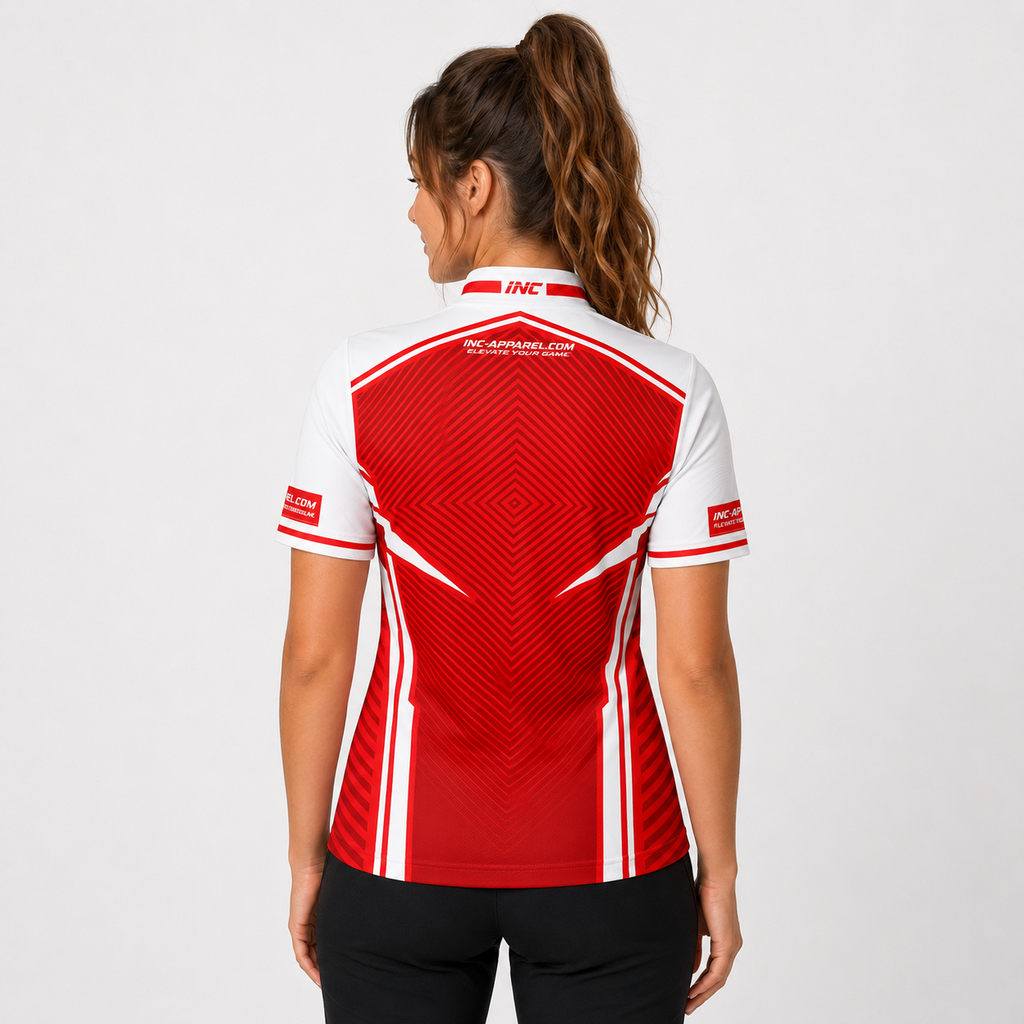 Back view of the Womens Terminare red and white darts and pool shirt, showing the clean continuation of the athletic graphic pattern across the back.