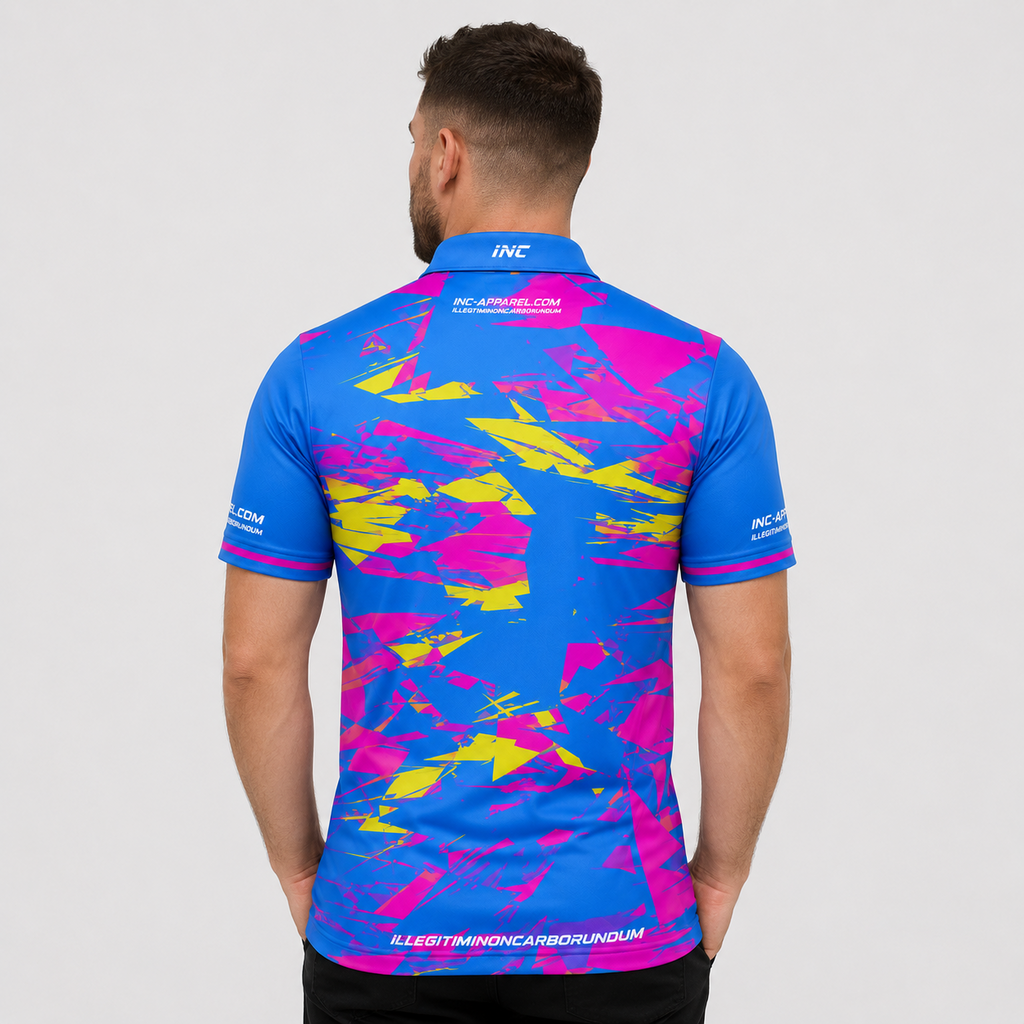 Back view of the INC-APPAREL Vesanus Darts and Pool Academy Shirt showing the continuous blue, pink, and yellow sublimated design.