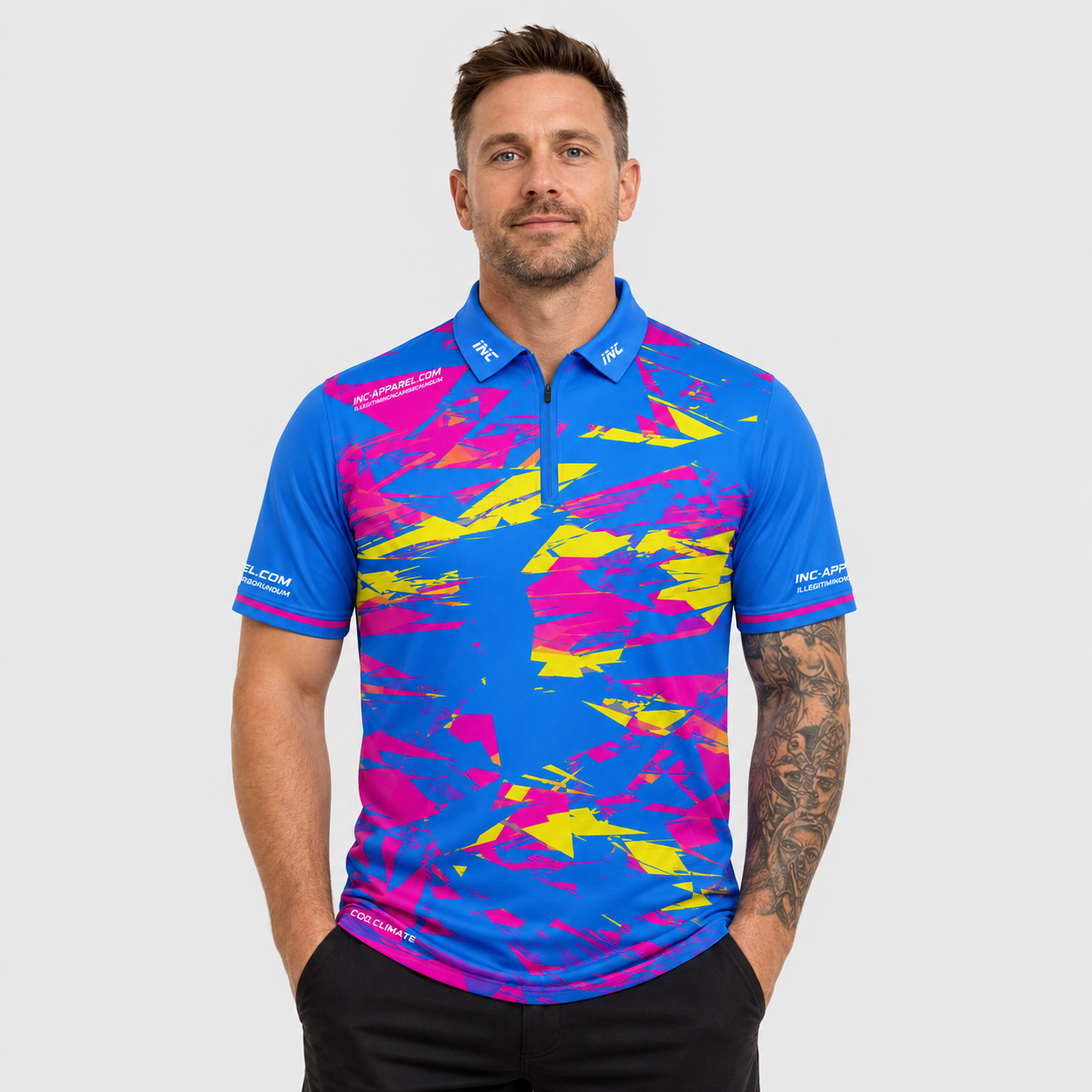 Front view of the INC-APPAREL Vesanus Darts and Pool Academy Shirt in electric blue with vibrant pink and yellow abstract graphics.