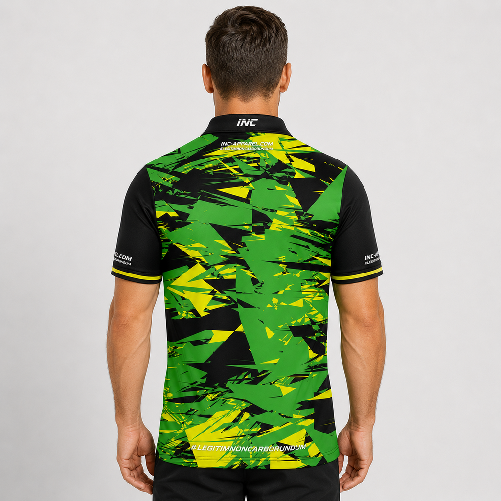 Back view of the INC-APPAREL Vesanus Green, Yellow, and Black Darts Pool Academy Shirt showing the continuous sublimated pattern.
