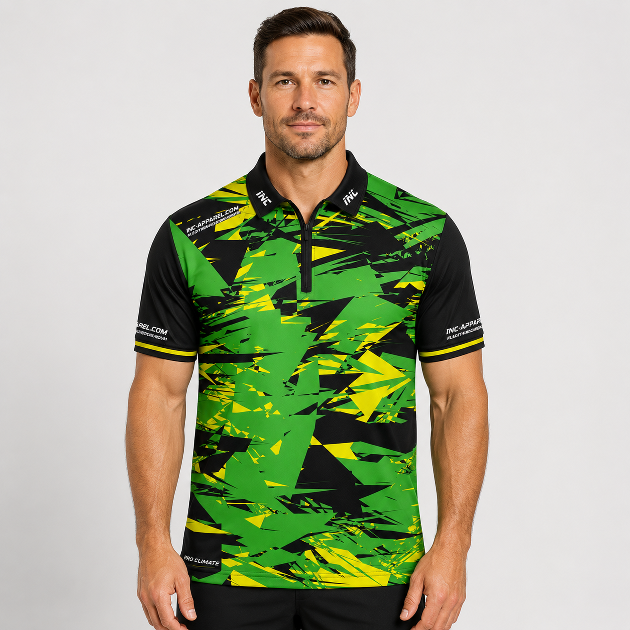 Front view of the INC-APPAREL Vesanus Green, Yellow, and Black Darts Pool Academy Shirt for men and youth.