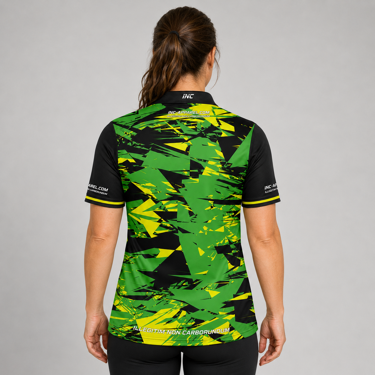 Back view of the INC-APPAREL Womens Vesanus Darts and Pool Academy Shirt showing the continuous sublimated performance pattern.
