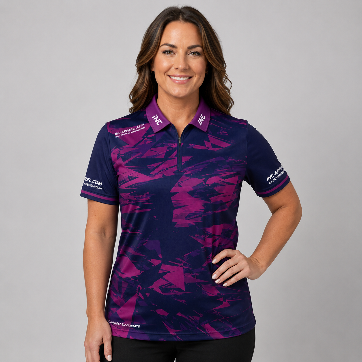 Front view of the INC-APPAREL Womens Vesanus Purple Darts Pool Academy Shirt featuring sharp geometric graphics.