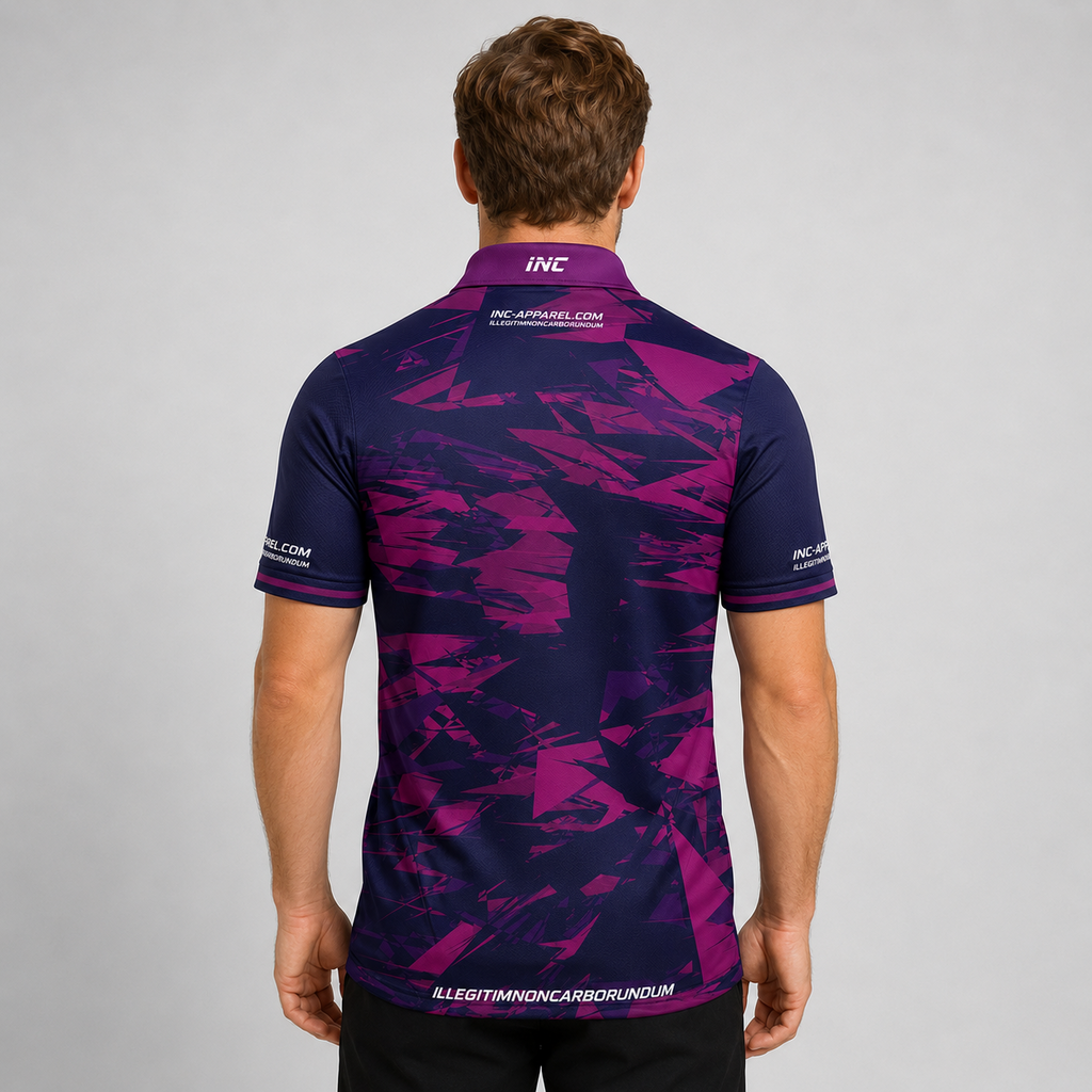 Back view of the INC-APPAREL Vesanus Purple and Pink Darts Pool Academy Shirt showcasing the deep purple back and pink geometric graphics.