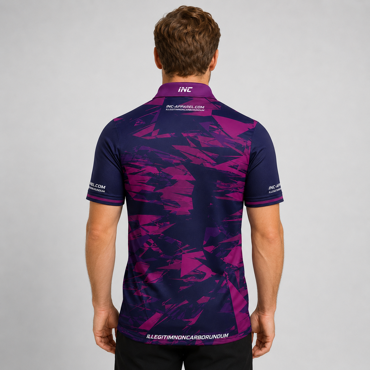 Back view of the INC-APPAREL Vesanus Purple and Pink Darts Pool Academy Shirt showcasing the deep purple back and pink geometric graphics.