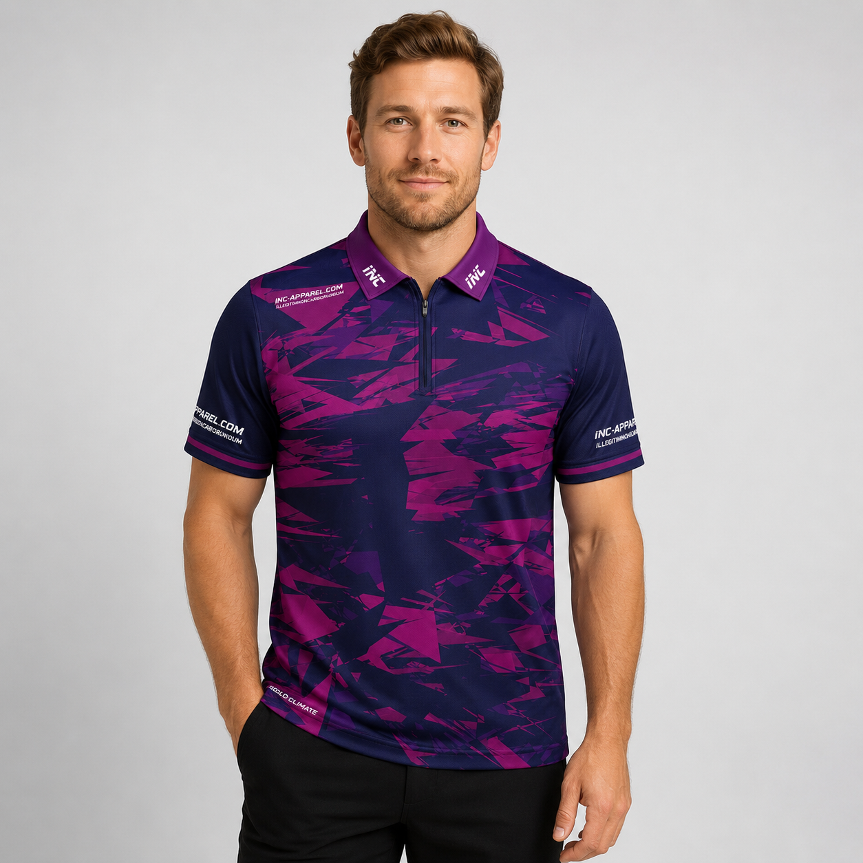 Front view of the INC-APPAREL Vesanus Purple and Pink Darts Pool Academy Shirt for men and youth.