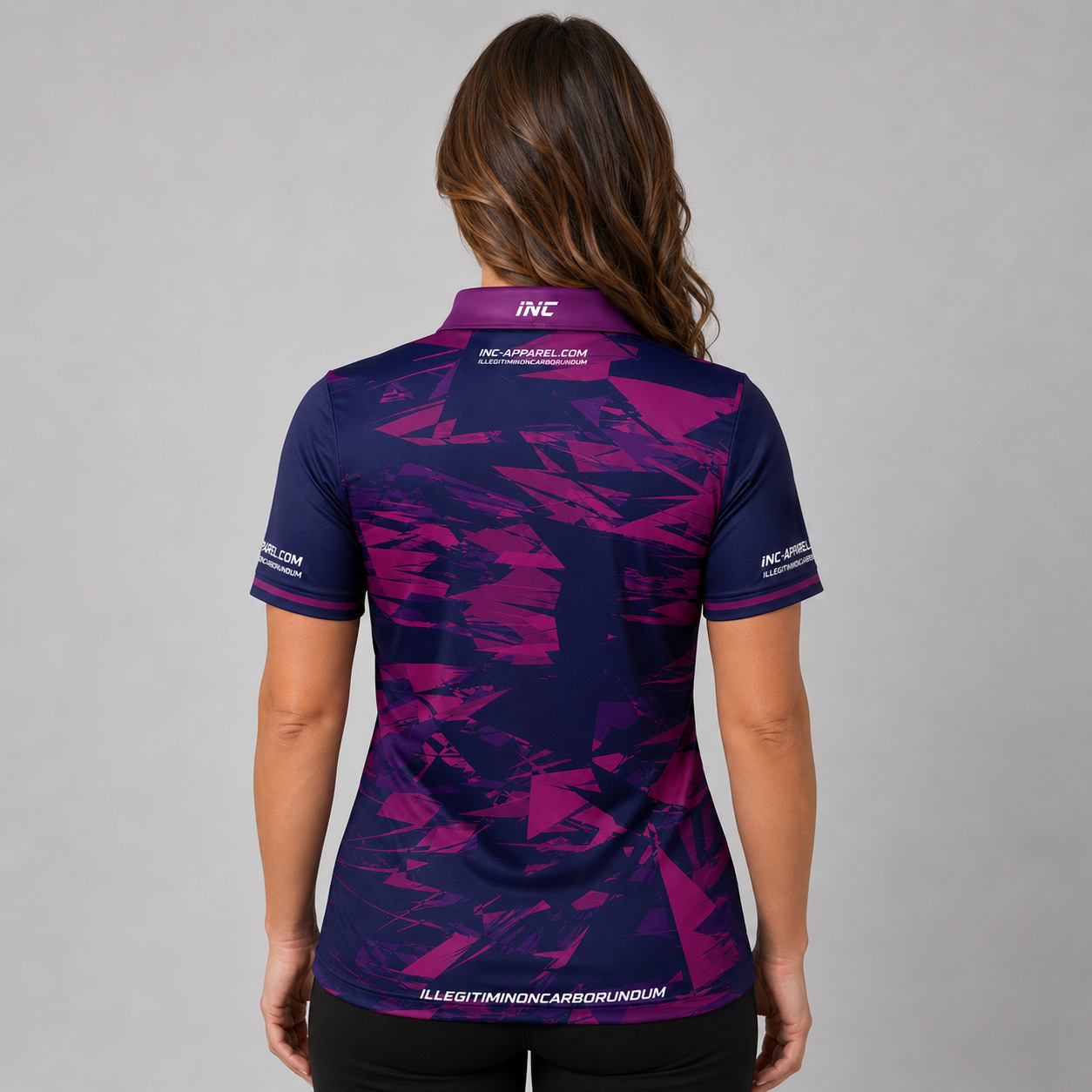 Back view of the INC-APPAREL Womens Vesanus Purple and Pink Darts Pool Academy Shirt showcasing the continuous sublimated design.