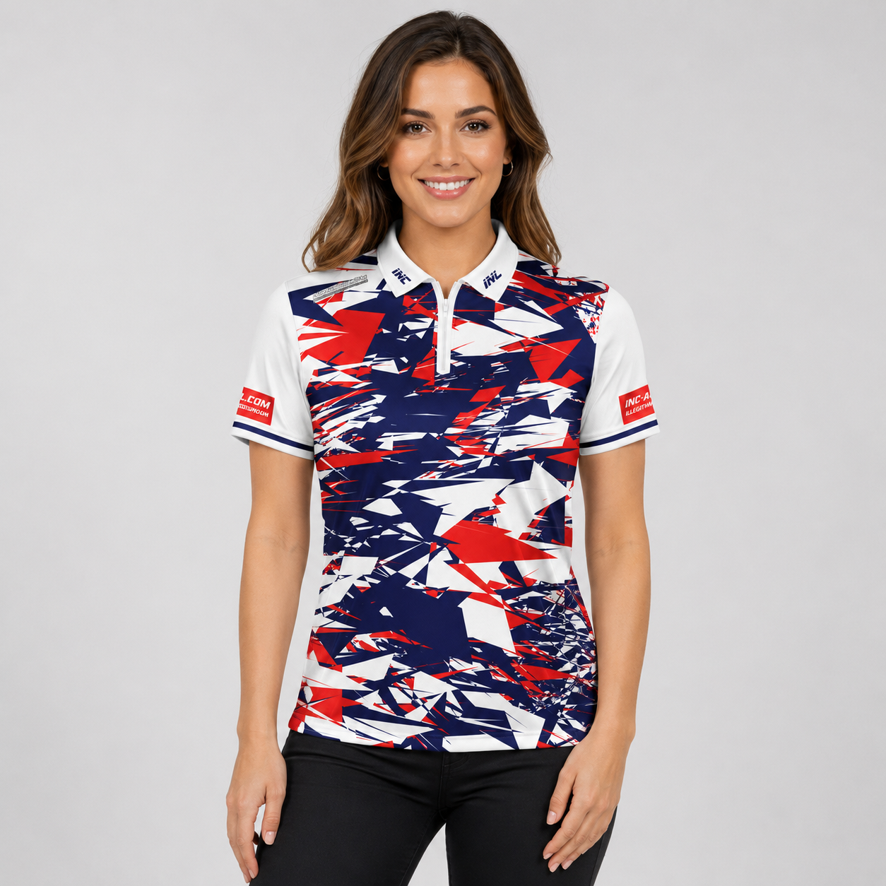 Front view of the INC-APPAREL Womens Vesanus darts and pool shirt featuring a bold red, white, and blue geometric sublimation print.