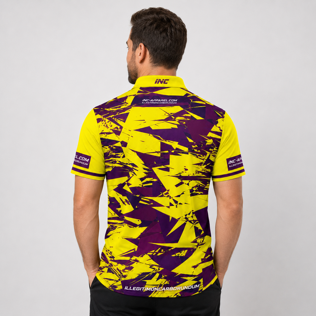 Back view of the INC-APPAREL Vesanus Yellow and Purple Darts Pool Academy Shirt showcasing the continuous sublimated pattern.