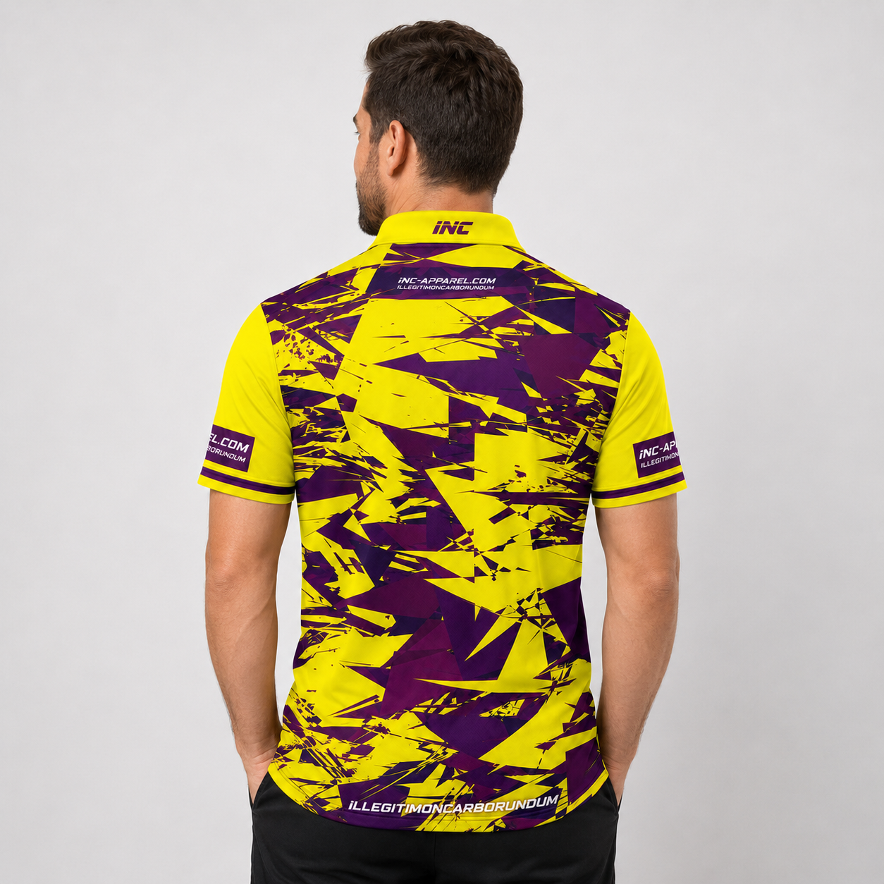 Back view of the INC-APPAREL Vesanus Yellow and Purple Darts Pool Academy Shirt showcasing the continuous sublimated pattern.
