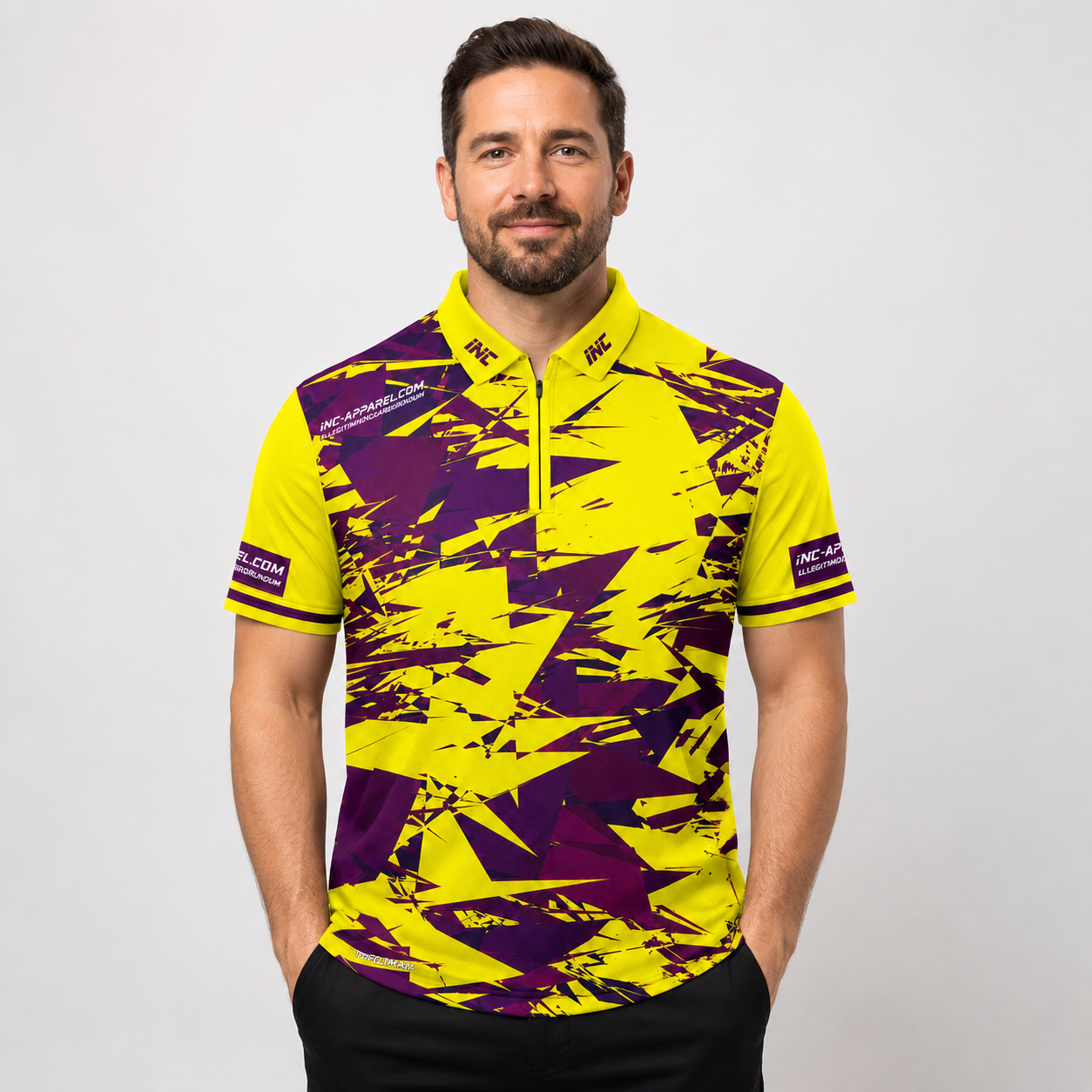 Front view of the INC-APPAREL Vesanus Yellow and Purple Darts Pool Academy Shirt for men and youth.
