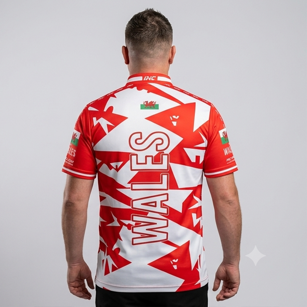 Back view of the Men and Youth Wales custom darts and pool shirt, highlighting the clean layout optimized for custom player name and number personalization.