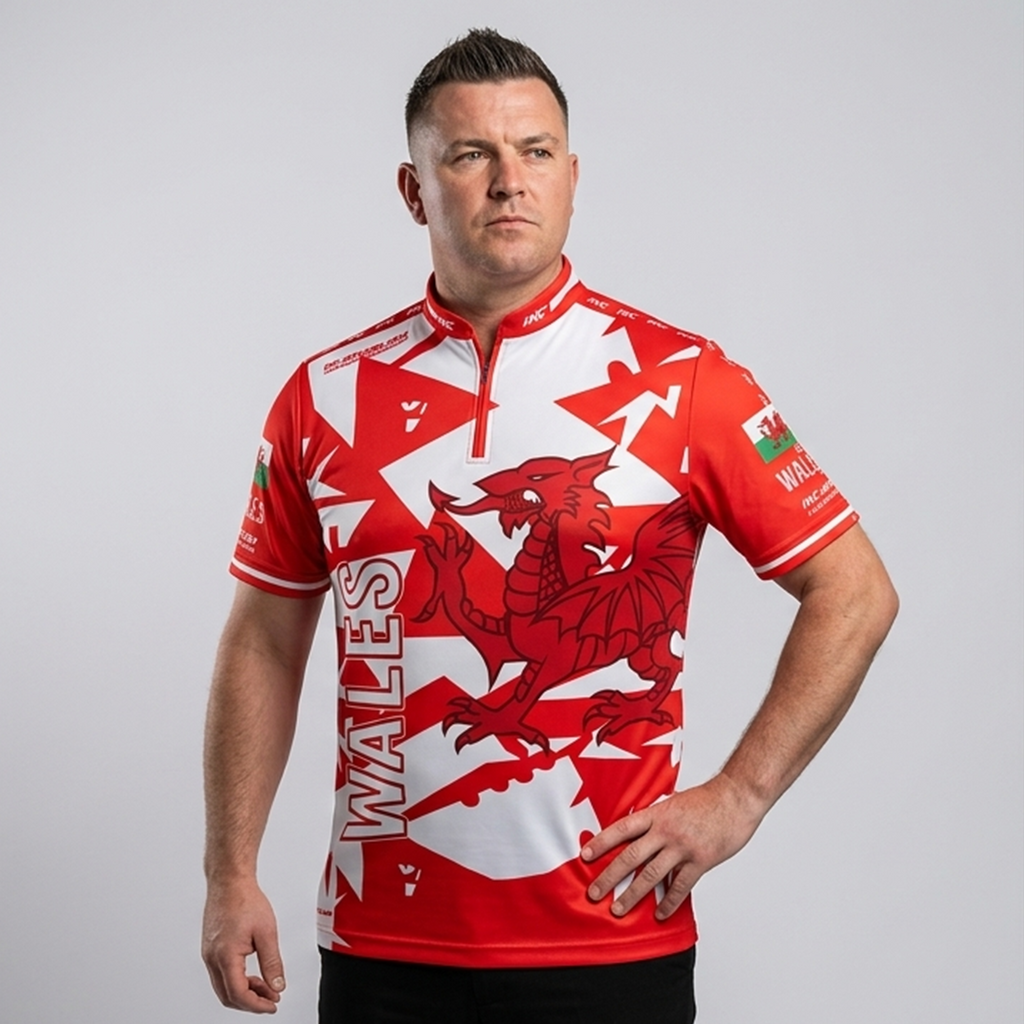 Front view of the Men and Youth Wales custom darts and pool shirt, featuring a premium national team athletic jersey design with classic Welsh colors.