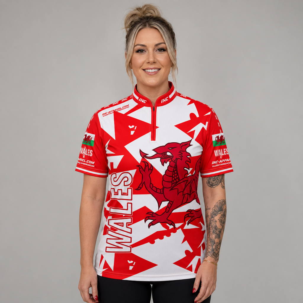 Front view of the Womens Wales custom darts and pool shirt, featuring a tailored athletic jersey design with proud national team colors.