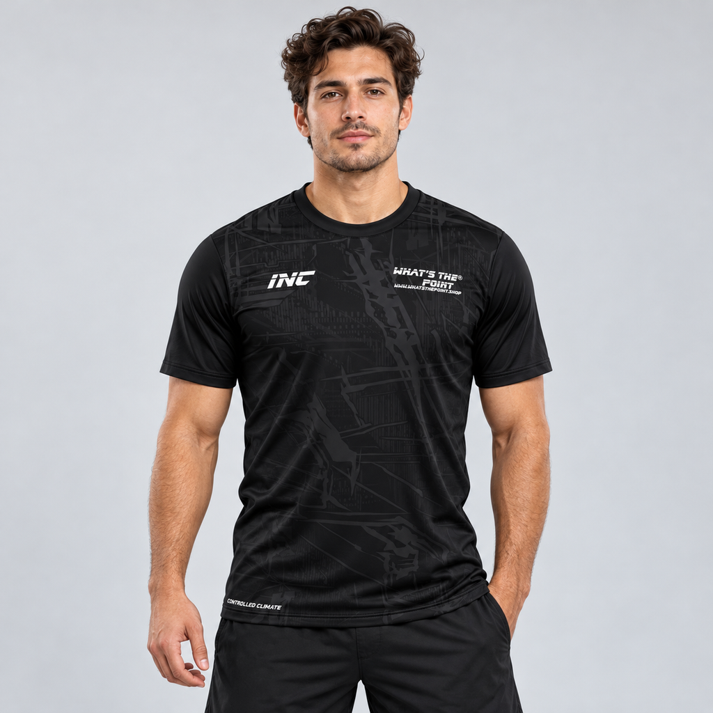 Front view of the Official What's The Point Men's and Youth Active Tee, featuring lightweight breathable athletic fabric, dynamic chest branding, crew neckline, and Controlled Climate hem logo.