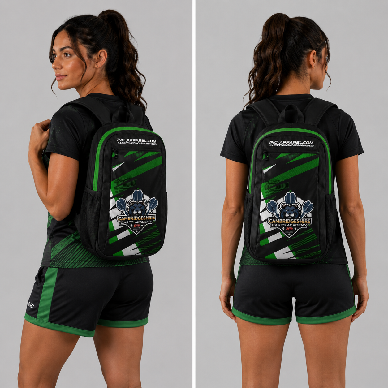 Front view of the Official Cambridgeshire Darts Academy backpack, showcasing the durable technical layout and prominent academy branding.