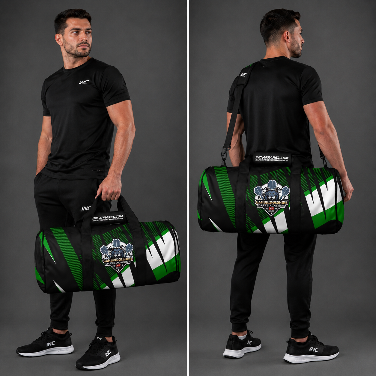 Front view of the Official Cambridgeshire Darts Academy kit bag, highlighting the rugged construction, spacious main zip access, and prominent academy branding.
