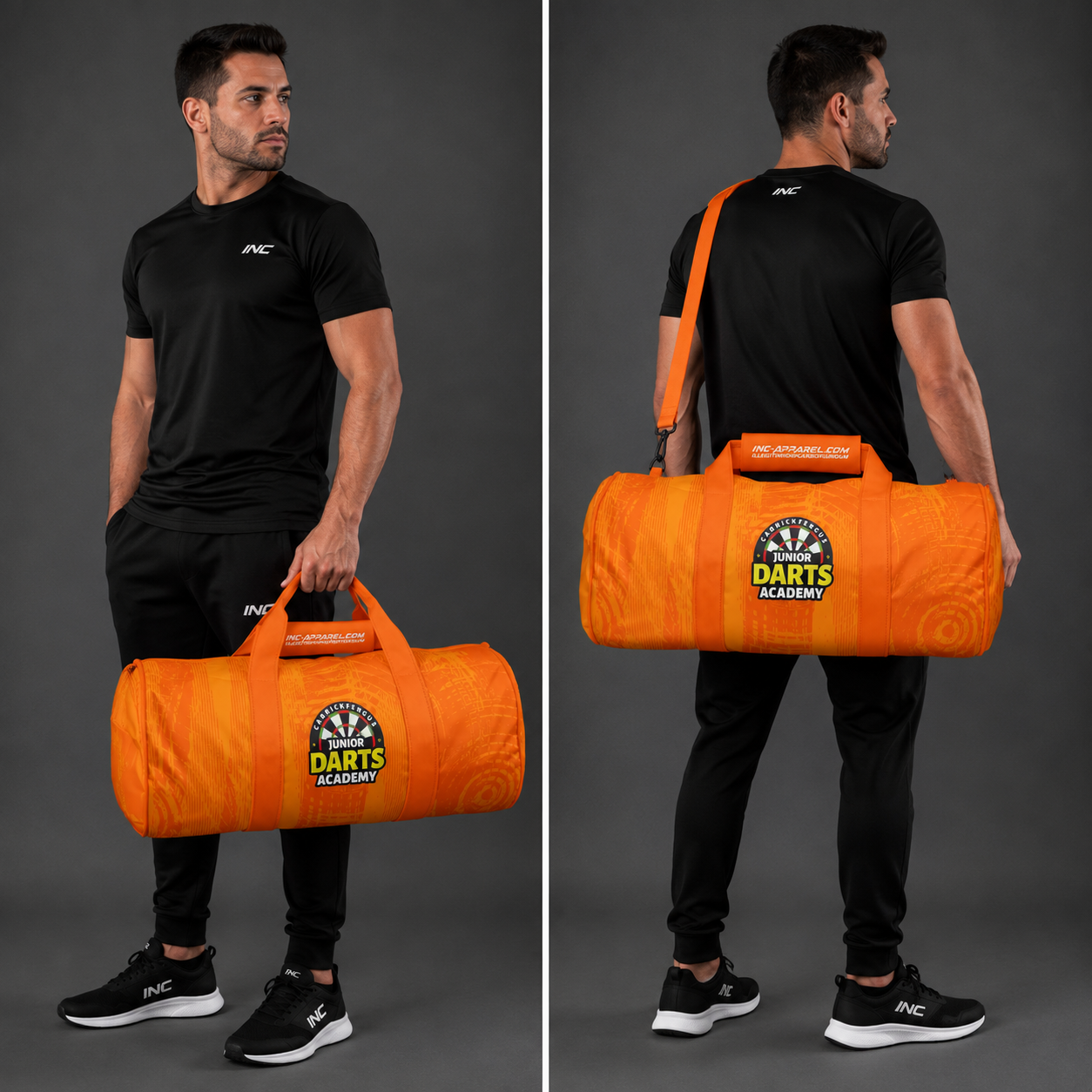 Front view of the Official Carrickfergus Junior Darts Academy kit bag, highlighting the rugged construction, spacious main zip access, and prominent academy branding.