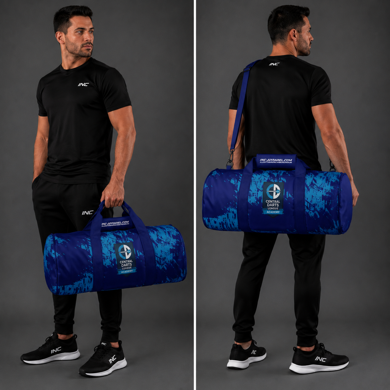 Front view of the Official Central Darts League Academy kit bag, highlighting the rugged construction, spacious main zip access, and prominent academy branding.