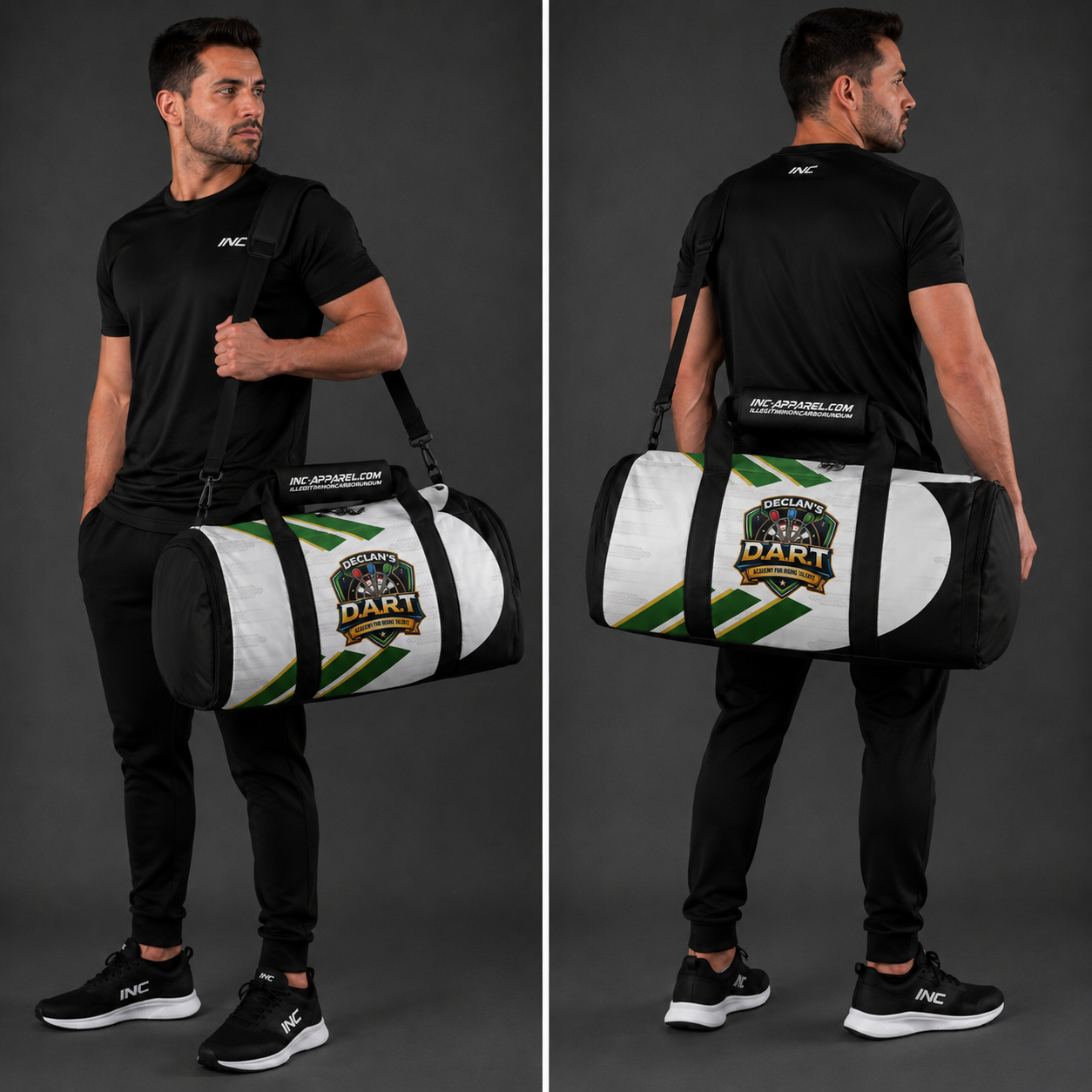 Front view of the Official DART Academy kit bag, highlighting the rugged construction, spacious main zip access, and prominent academy branding.