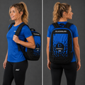 Front view of the Official Dundee Darts Academy Backpack, showcasing the sleek black aesthetic, multi-compartment design, and bold academy logo.