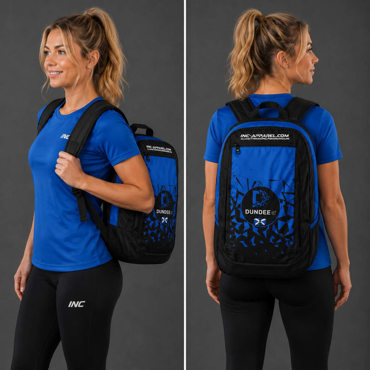 Front view of the Official Dundee Darts Academy Backpack, showcasing the sleek black aesthetic, multi-compartment design, and bold academy logo.