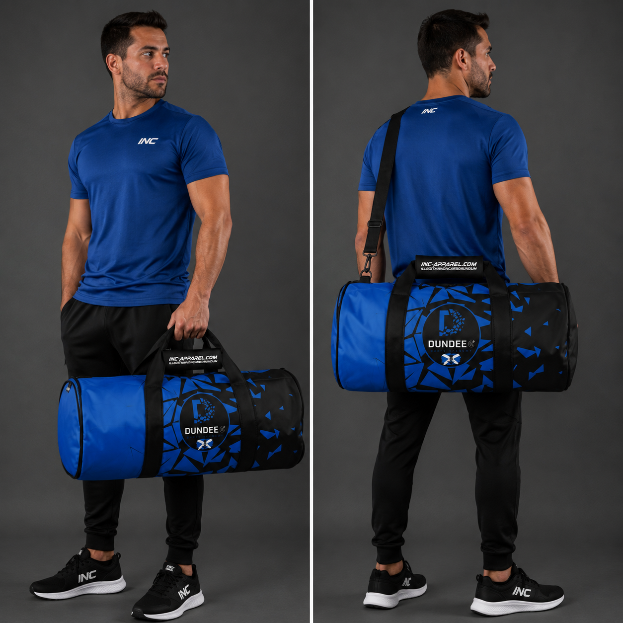 Front view of the Official Dundee Darts Academy kit bag, highlighting the rugged construction, spacious main zip access, and prominent academy branding.