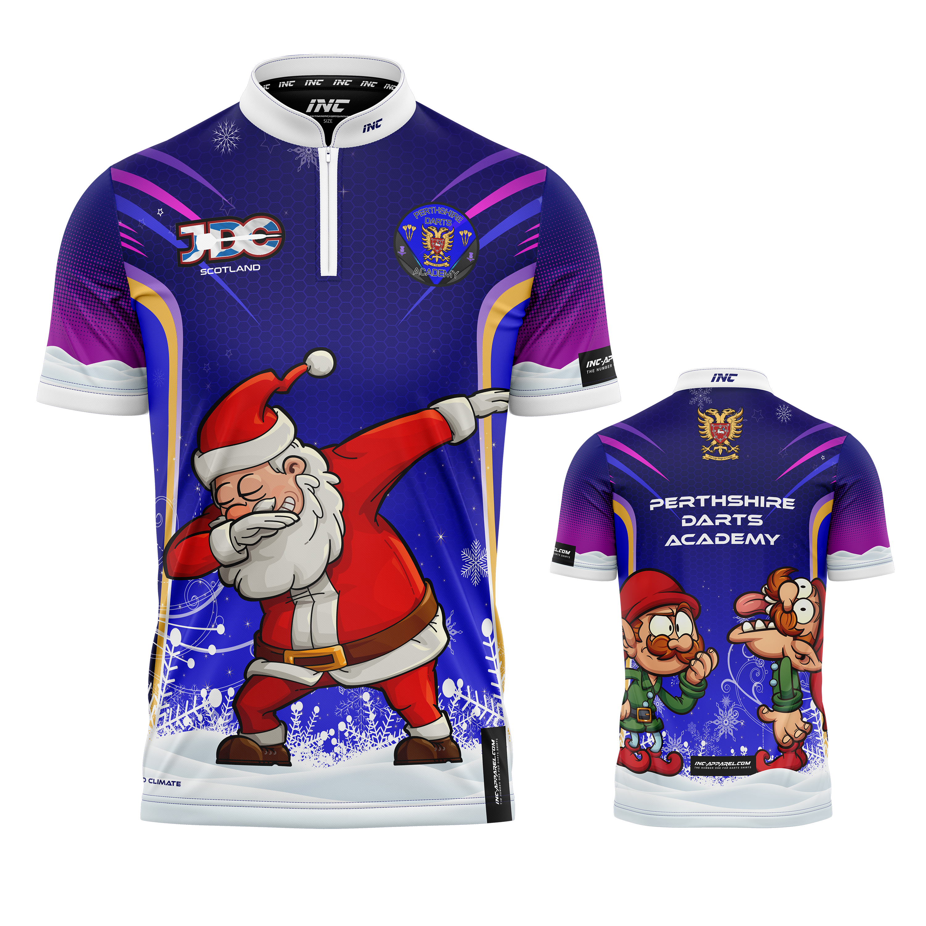 Combined front and back view of the Official JDC Perthshire Darts Academy PRO1 Christmas Shirt from INC-APPAREL