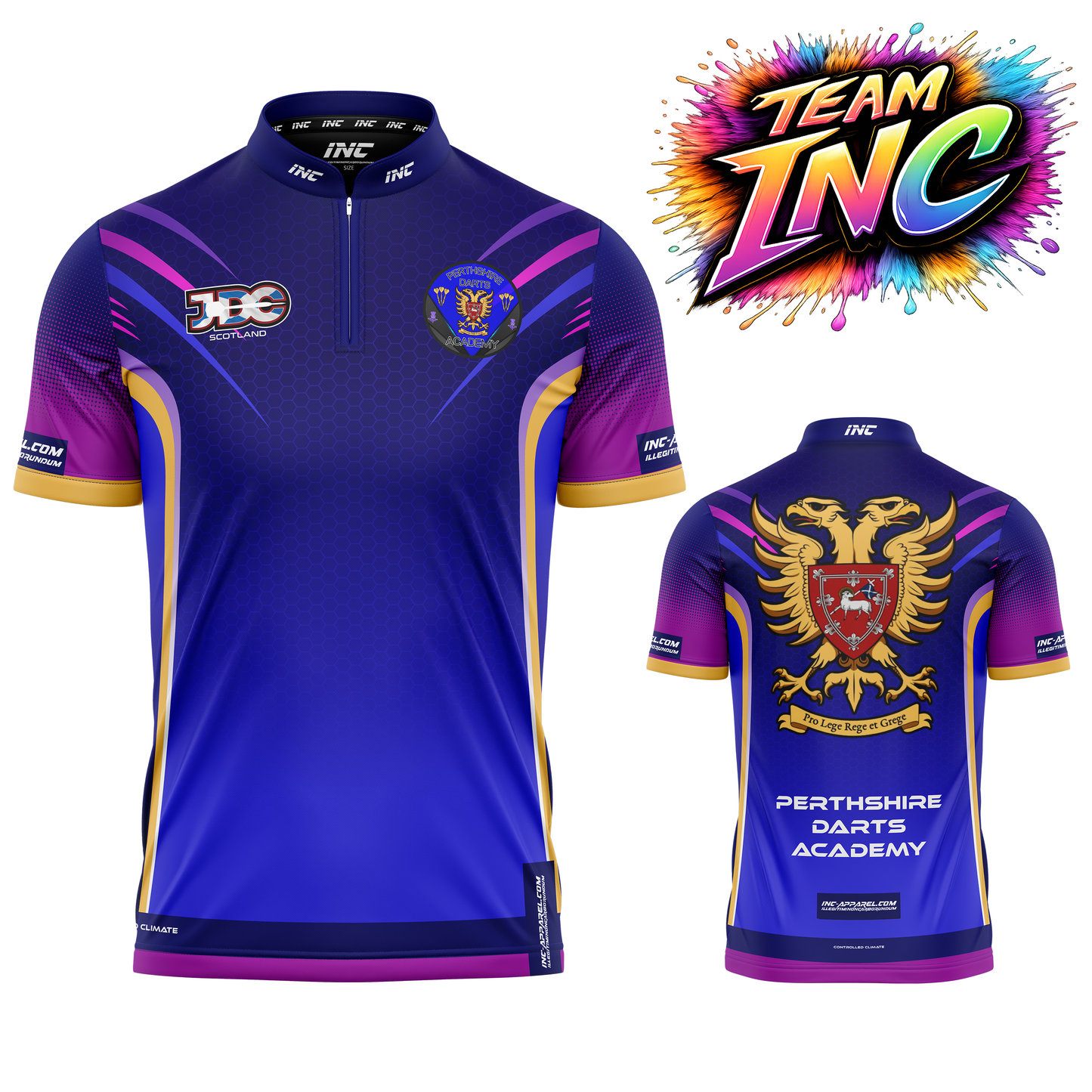 JDC Perthshire Darts Academy Shirt from INC-APPAREL – performance darts shirt with official JDC Perthshire academy branding.
