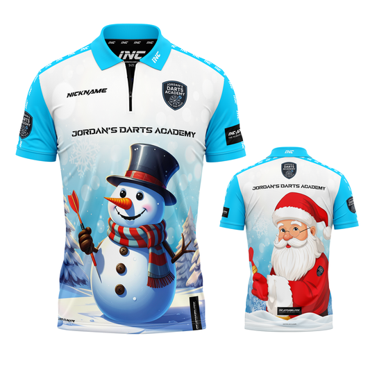 Combined front and back view of the Official Jordan’s Darts Academy Christmas Shirt from INC-APPAREL