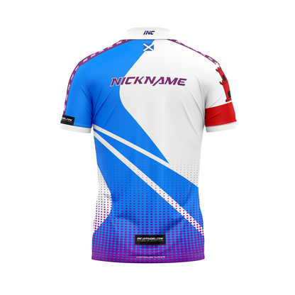 Junior Darts Corporation Scotland Zip Polo Gibraltar Darts Shirt – White and Blue – Back View | INC-APPAREL