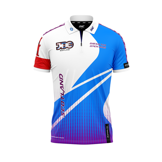 Junior Darts Corporation Scotland Zip Polo Gibraltar Darts Shirt – White and Blue – Front View | INC-APPAREL