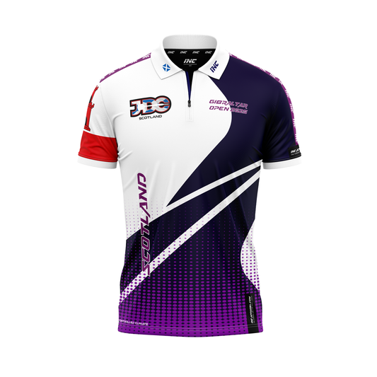 Junior Darts Corporation Scotland Zip Polo Gibraltar Darts Shirt – White and Purple – Front View | INC-APPAREL