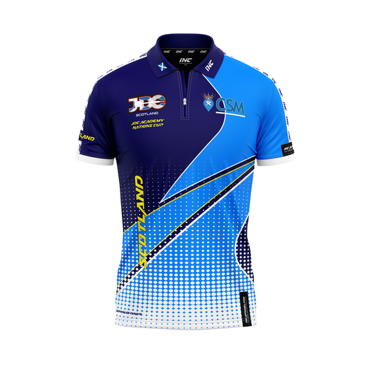 Junior Darts Corporation Scotland Zip Polo Nations Cup Darts Shirt – Front View | INC-APPAREL