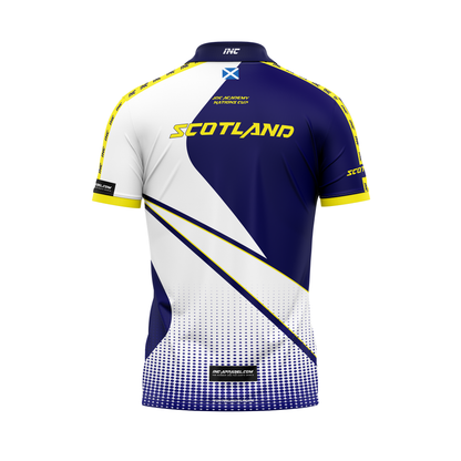 Junior Darts Corporation Scotland Zip Polo Nations Cup Darts Shirt – White and Blue with Yellow Trim – Back View | INC-APPAREL