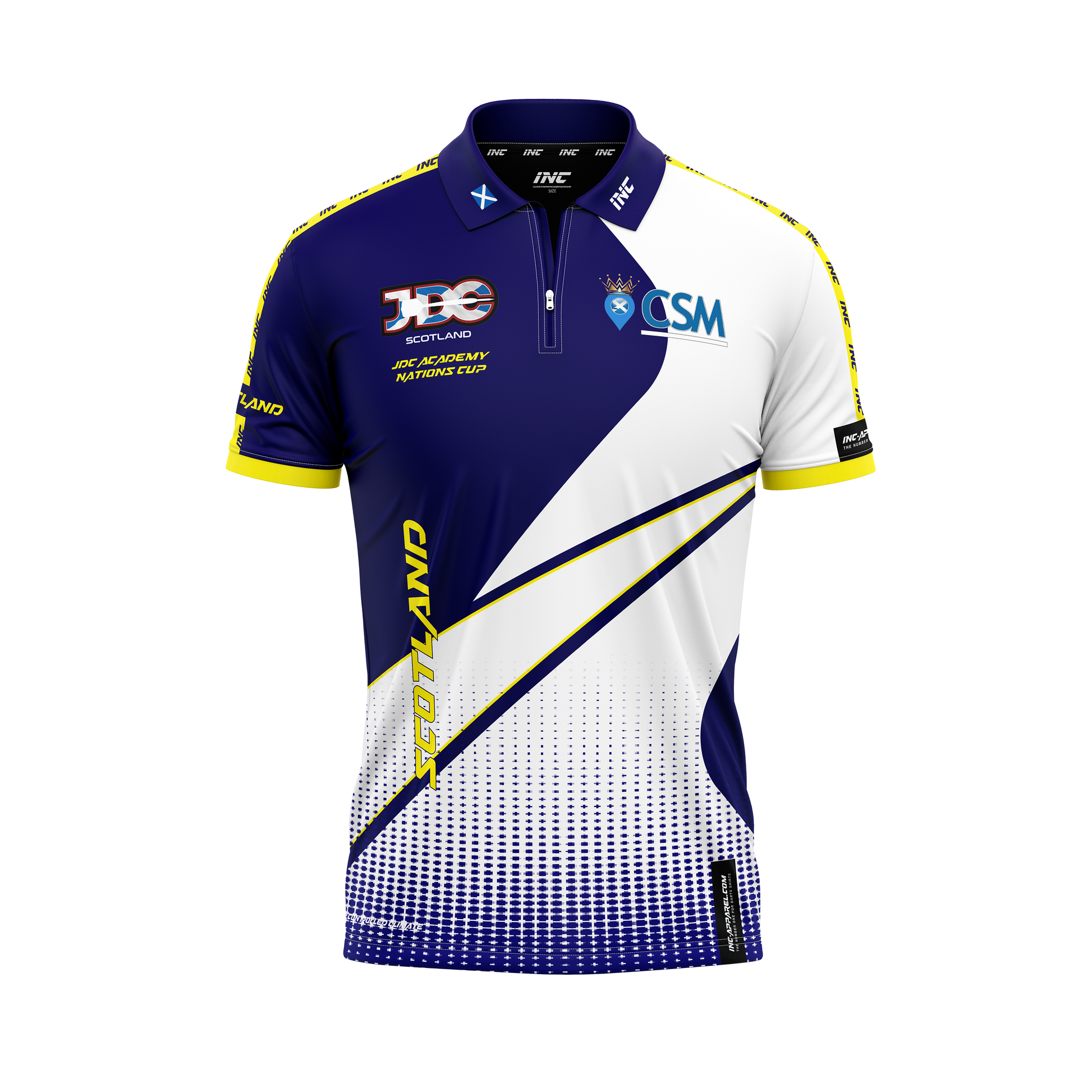 Junior Darts Corporation Scotland Zip Polo Nations Cup Darts Shirt – White and Blue with Yellow Trim – Front View | INC-APPAREL
