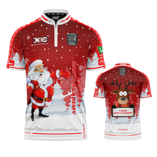 Combined front and back view of the Official Larne Darts Academy PRO1 Christmas Darts Shirt from INC-APPAREL