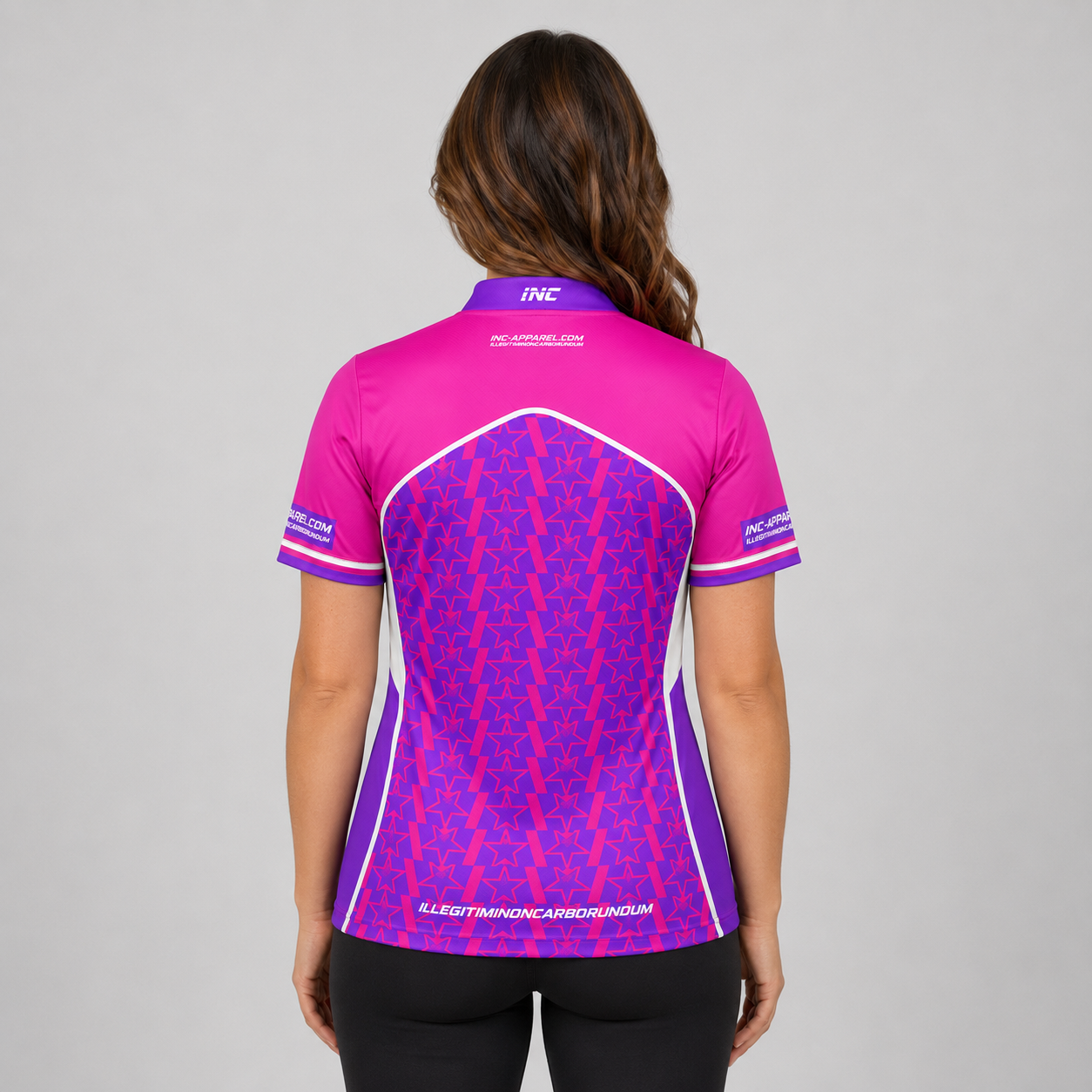 Legatus purple and pink women's darts and pool shirt back view breathable competition shirt