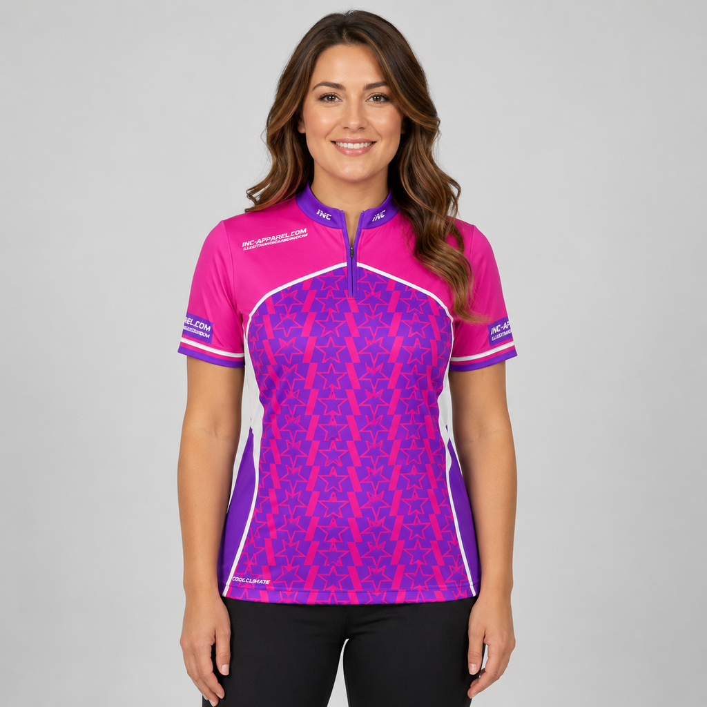 Legatus purple and pink women's darts and pool shirt front view lightweight performance shirt
