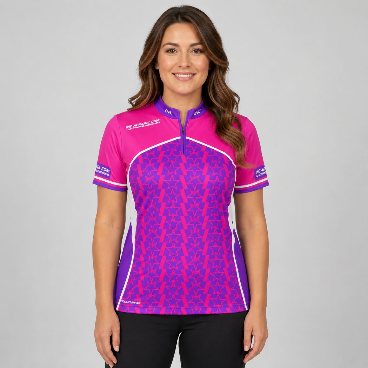 Legatus purple and pink women's darts and pool shirt front view lightweight performance shirt