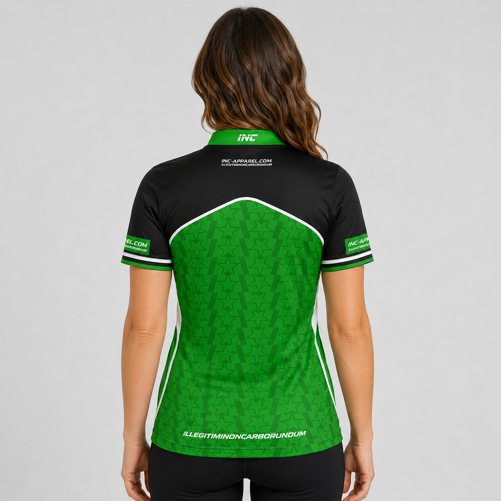 Legatus white green and black women's darts and pool shirt back view breathable competition shirt